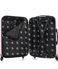 Open view of pink carry-on luggage with spacious interior and straps