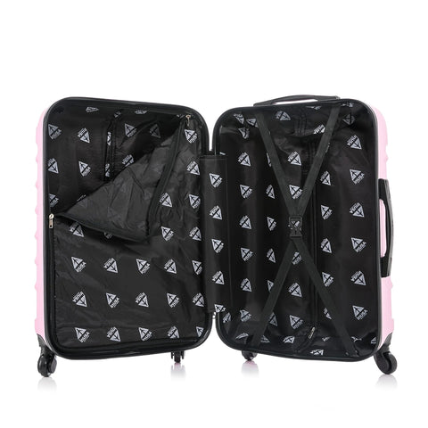 Open view of pink carry-on luggage with spacious interior and straps