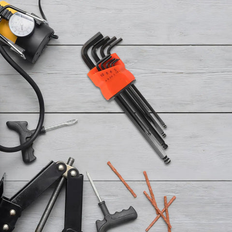 Solid Metal Hex Key Wrench Kit 2 Sets L-Shape Metric Spanner Tool For Bike Gear And Electronic Repairs Wear Resistant Flat Ball End Drivers Makes Tough Gigs A Breeze. metric hex keys with orange holder, 2 sets on gray surface