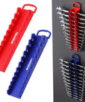Super Magnetic Wrench Organizer Two Pack Holds Twelve Heavy Ratchets Each For Twenty Four Total Tools Fits SAE And Metric Stubby Styles, featuring red and blue racks.