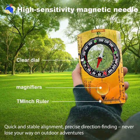 Person holding 4 Pack Waterproof Adjustable Declination Orienteering Compass With Magnifier And Ruler in a green park setting.