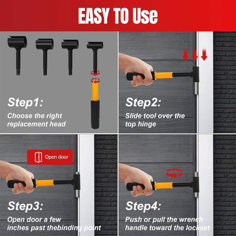 Image demonstrating the usage steps of the 4 In 1 Door Hinge Adjustment Tool For Cabinet Doors FurUlixty 0.55 To 0.98 Inch Anti Slip C Wrench Spanner With Threaded Handle Gap Fix Repair Kit For Professional And Home Use Including Replacement Wrenches And Carry Case.