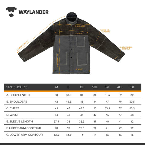 Split Cowhide Leather Welding Jacket With Lined Sleeves And Flame Resistant Cotton Body For Serious Heat Protection size chart
