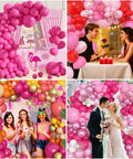 All In One Hot Pink Balloon Arch Garland Kit With 153 Latex Balloons In 18 Inch 12 Inch 10 Inch And 5 Inch Sizes Plus Metallic Confetti for party decor, shown in various event settings including a wedding, birthday, and romantic dinner.