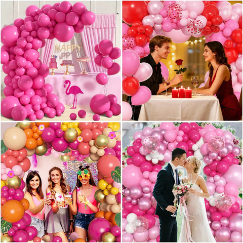 All In One Hot Pink Balloon Arch Garland Kit With 153 Latex Balloons In 18 Inch 12 Inch 10 Inch And 5 Inch Sizes Plus Metallic Confetti for party decor, shown in various event settings including a wedding, birthday, and romantic dinner.