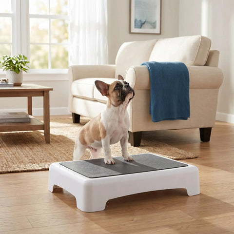 Portable Dog Training Platform With Non Slip Surface And Absorbent Pad For Small Breeds 17x13x3.4 Inches in living room with puppy