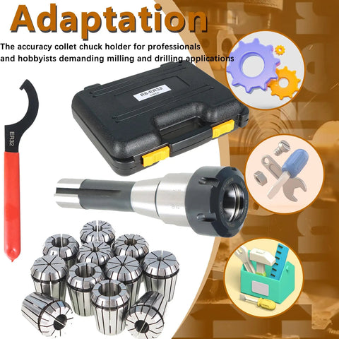 ER32 Collet Chuck Holder Set With 11 Collets 1/8 To 3/4 Inch And Wrench, displayed with storage case and wrench for CNC use