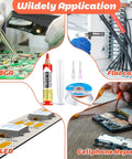 Application uses of 6 Pcs 10Ml No Clean Solder Flux Paste And Wick Kit With Plunger And Dispensing Tips Tacky Soldering Flux 1.5 Meter Length Solder Wick Braid For Electronics Maintenance And Repairs in BGA, flat cable, LED, cellphone repairs.
