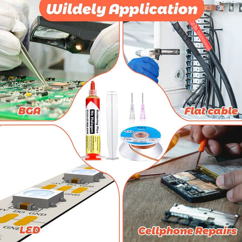Application uses of 6 Pcs 10Ml No Clean Solder Flux Paste And Wick Kit With Plunger And Dispensing Tips Tacky Soldering Flux 1.5 Meter Length Solder Wick Braid For Electronics Maintenance And Repairs in BGA, flat cable, LED, cellphone repairs.