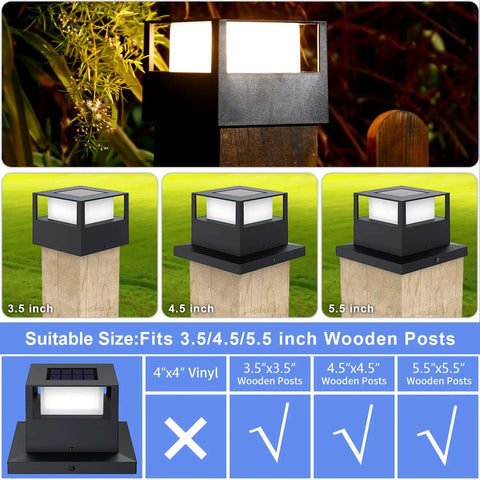 4 Pack Solar Post Cap Lights For 4x4 5x5 6x6 Fence Posts, 20 Lumen Warm White Waterproof LED Landscape Lighting on wooden posts