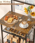 5 Tier Coffee Bar Station With 4 S Shaped Hooks Farmhouse Corner Kitchen Cabinet for Small Spaces showing a wooden shelf with pastries and coffee