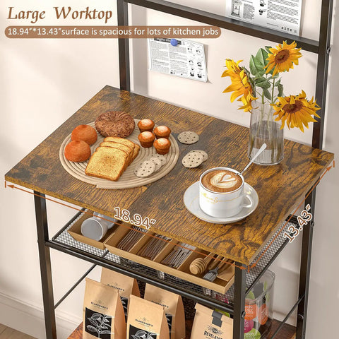 5 Tier Coffee Bar Station With 4 S Shaped Hooks Farmhouse Corner Kitchen Cabinet for Small Spaces showing a wooden shelf with pastries and coffee