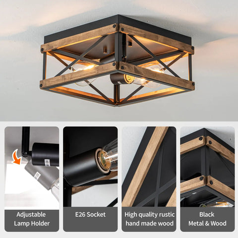 Two Light Black Rustic Wood Farmhouse Flush Mount Ceiling Light Fixture With Totally Vintage Charm Super Durable Finish And No Sweat Install For Awesome Room Style, showing adjustable lamp holder and E26 socket.