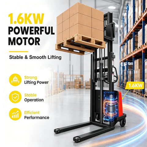 Heavy Hitting Electric Walkie Pallet Stacker With Strong 1.6 Kw Motor Plus Steel Frame Boasting Two Thousand Two Hundred Four Pound Capacity And Ninety Eight Inch Lift Height For Dock To Rack Yard Work with stacked boxes in a warehouse.