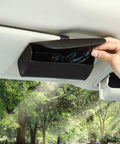 Premium Leather Car Sun Visor Sunglasses Holder, 2 Pack Universal Eyeglass Case With Secure Magnetic Snap, in-use with sunglasses.
