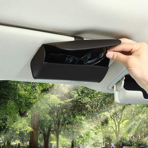 Premium Leather Car Sun Visor Sunglasses Holder, 2 Pack Universal Eyeglass Case With Secure Magnetic Snap, in-use with sunglasses.