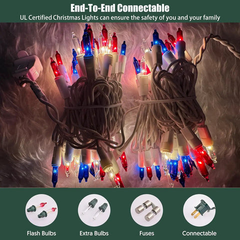 Patriotic Red White Blue Mini String Lights 100 Count With White Wire For Indoor Outdoor Holiday Decor 21 Feet UL Certified