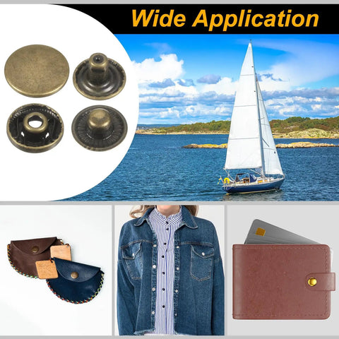 Heavy Duty Leather Snap Fastener Kit 42 Pieces Bronze Tone Press Stud Closure Buttons displayed with a denim jacket and accessories.