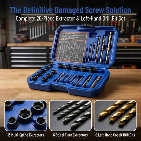 3 In 1 Bolt Extractor Kit With Left Hand Drill Bits And Screw Extractors open in blue case on workbench