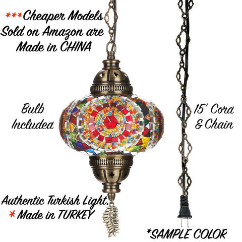 Turkish Mosaic Plug In Swag Pendant Light With 6.5 Inch Globe Large Hanging Ceiling Lamp Dope Boho Moroccan Vibe 15 Foot Cord And Chain US And Canada Plug Handmade Mosaic Glass Decor Mediterranean Style Lighting