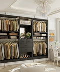 Spacious 97 Inch Closet System With Integrated Mirror And Four Deep Drawers Heavy Duty Wood Wardrobe Rack With Four Hanging Rods And Flexible Adjustable Shelves For No Fuss Walk In Storage In Matte Black showcasing organized clothing and accessories.