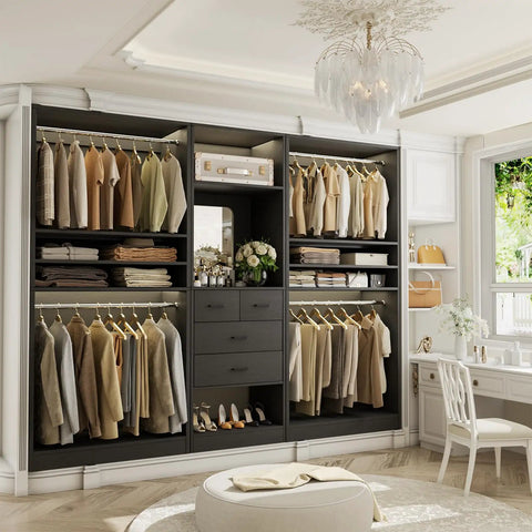 Spacious 97 Inch Closet System With Integrated Mirror And Four Deep Drawers Heavy Duty Wood Wardrobe Rack With Four Hanging Rods And Flexible Adjustable Shelves For No Fuss Walk In Storage In Matte Black showcasing organized clothing and accessories.