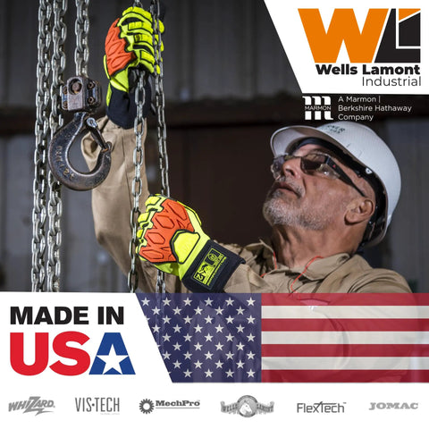 Worker using 2616 Cut Resistant Heat Gloves With Wool Terry Liner for machinery handling, USA-made, shown gripping chains.