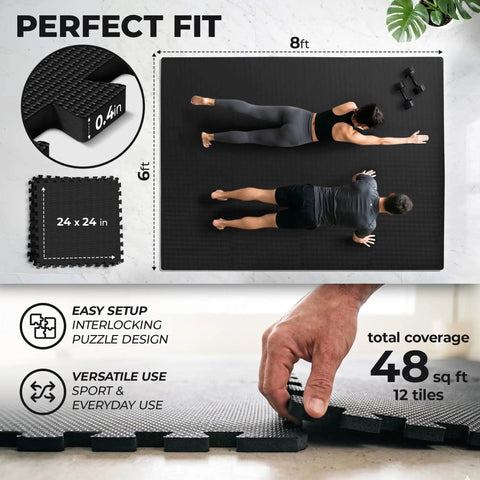 Interlocking Foam Gym Mats Set With Edge Pieces For Full Floor Protection, 12 Tiles, 24 By 24 Inch, 0.4 Inch Thick