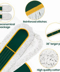 36 Inch Commercial Dust Mop With Two Replacement Pads And 60 Inch Handle Heavy Duty Industrial Flat Mop showing cotton pads and reinforced stitching.