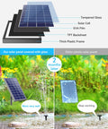 Diagram showing glass panel solar cell layers and comparison of 6W Outdoor Solar Bird Bath Fountain Pump With 4Ft Tubing And 5 Nozzles with another solar panel after two months.