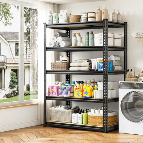 Detachable 5 Tier Storage Shelves For Pantry Kitchen Closet, Adjustable Modular Metal Shelving System With Height Configurable Levels, Easy Setup And Quick Disassembly For Flexible Home Organization, black metal 5-tier shelf in laundry room