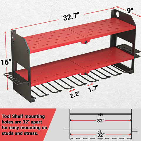 Heavy Duty Cordless Drill And Battery Organizer Wall Mount With Built In Charging Station Red Metal Tool Rack For Garage Keeps All Power Tools In One Easy To Find Spot, showing dimensions.