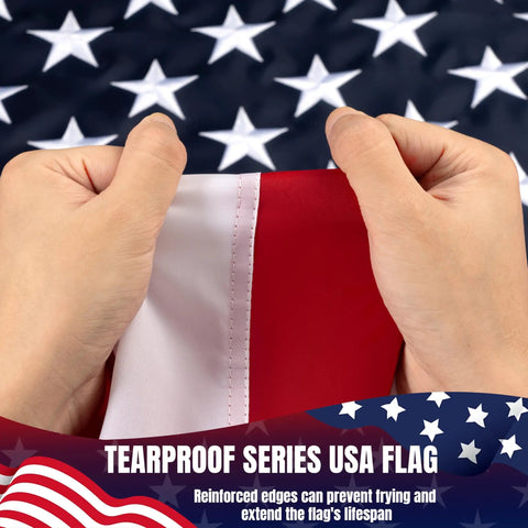Close-up of hands holding Ultra Durable 3x5 Outdoor US Flag Made From Nylon With Embroidered Stars, showcasing tearproof seams.