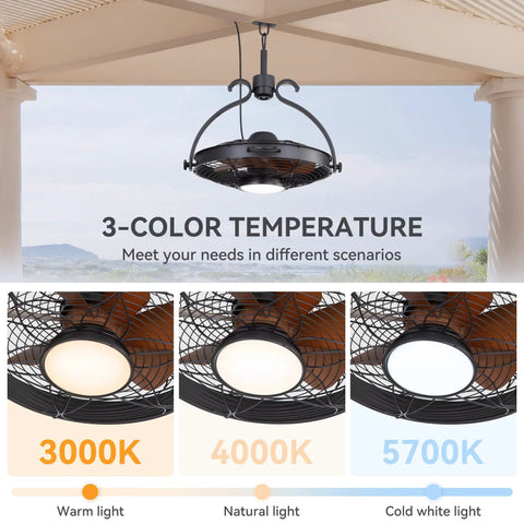 All Weather Outdoor Ceiling Fan With Light For Gazebos And Patios, showing 3-color temperature options under pergola