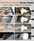 Primiorix 1500W Pressurized Steam Cleaner In Black showing various brush heads' before and after cleaning results on surfaces.