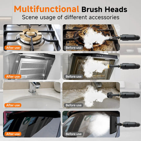 Primiorix 1500W Pressurized Steam Cleaner In Black showing various brush heads' before and after cleaning results on surfaces.