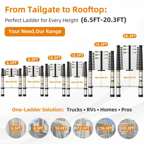 Telescoping Aluminum Ladder For RV And Attic 20.3 Ft Extension With Dual Locking System 330 Lb Load Ultra Compact Space Saving Foldable Design For Roofs Home Travel Trailer And Multi Surface Use shown at 6.5ft to 20.3ft