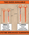 Two sizes of Beefy Heavy Duty Ground Anchors For Tents And Canopies With Screw In Stakes For High Wind And Sand displayed side by side