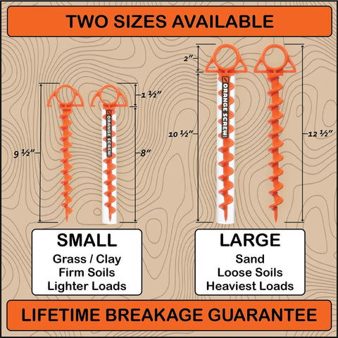 Two sizes of Beefy Heavy Duty Ground Anchors For Tents And Canopies With Screw In Stakes For High Wind And Sand displayed side by side