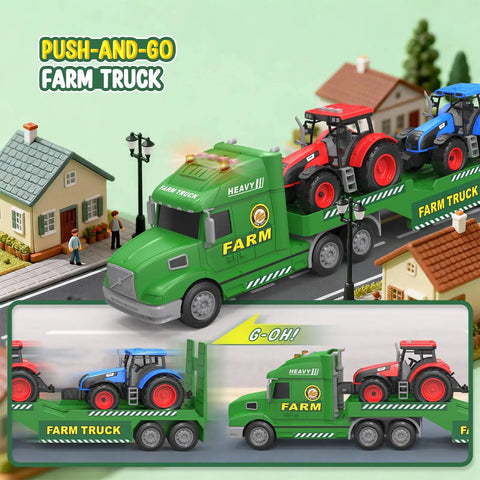Large 27 Inch Farm Truck Toy Set With Two Tractors And A 3 In 1 Inertia Powered Transport Vehicle With Lights And Realistic Sounds