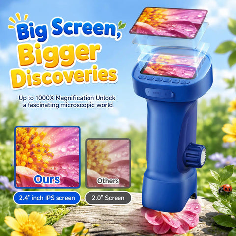 Kid Friendly Handheld Digital Microscope With 2.4 Inch IPS Display And 1080P HD Quality For Easy Exploration Of Tiny Worlds, blue kid microscope with 2.4-inch IPS screen