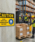 Caution Hi Vis Safety Vest Required Beyond This Point Sign Durable Rust Free Aluminum With UV Protected Print Waterproof Outdoor Warning Sign For Industrial Areas Highly Reflective For Day And Night Visibility, 14x10 in sign on warehouse wall
