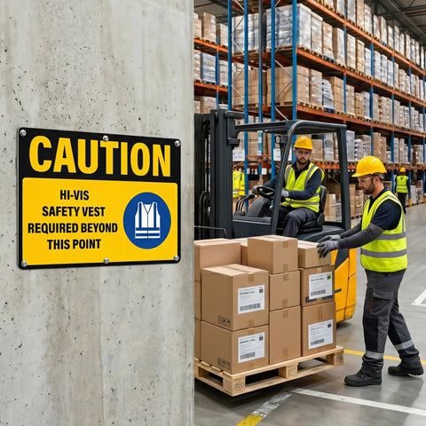 Caution Hi Vis Safety Vest Required Beyond This Point Sign Durable Rust Free Aluminum With UV Protected Print Waterproof Outdoor Warning Sign For Industrial Areas Highly Reflective For Day And Night Visibility, 14x10 in sign on warehouse wall