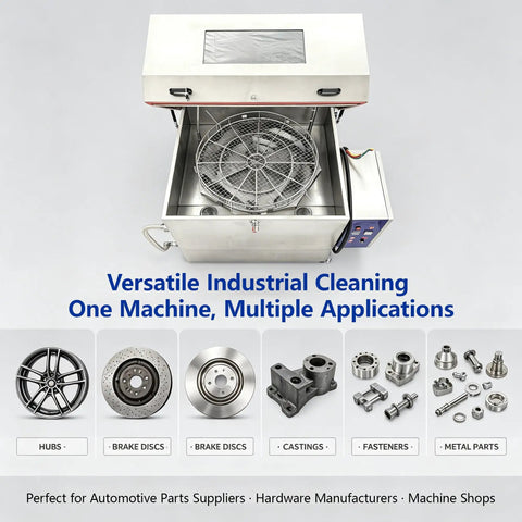Industrial Parts Rotary Spray Washer Cabinet Beast Mode Grimebusting Powerhouse in silver with 360 spin basket for metal parts.