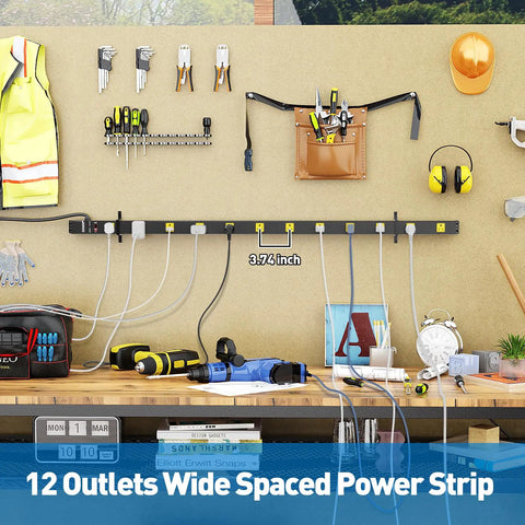 Heavy Duty 12 Outlet Power Strip With Wide Spaced Outlets 4 Foot Cord Surge Protector 1875W ETL Certified Auto Shutoff