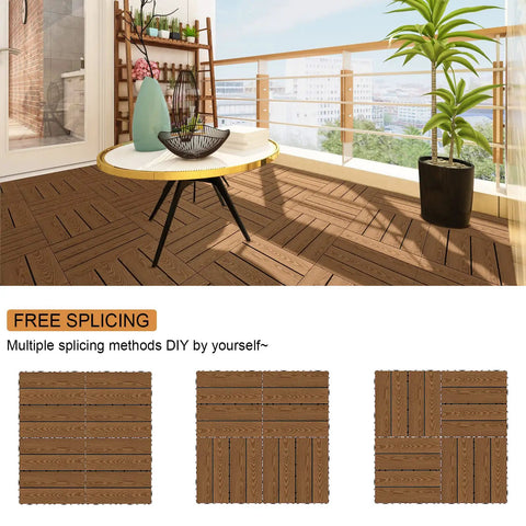 Interlocking Wood Deck Tiles 12x12 Inch Set Of 9 Waterproof Outdoor Flooring For All Weather Use In Khaki Pine Wood With Natural Grain