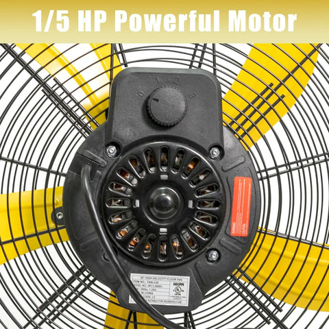 Close-up of Heavy Duty 20 Inch High Velocity Floor Fan motor showcasing 1/5 HP power, all metal build, UL listed for industrial use.