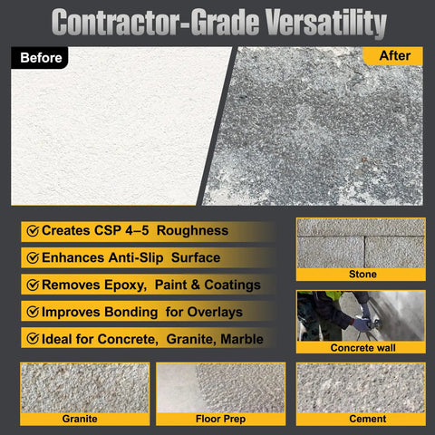 Comparison of stone surface before and after using 5 Inch Bush Hammer Plate for stone and concrete coating removal and surface roughening CSP 4-5.
