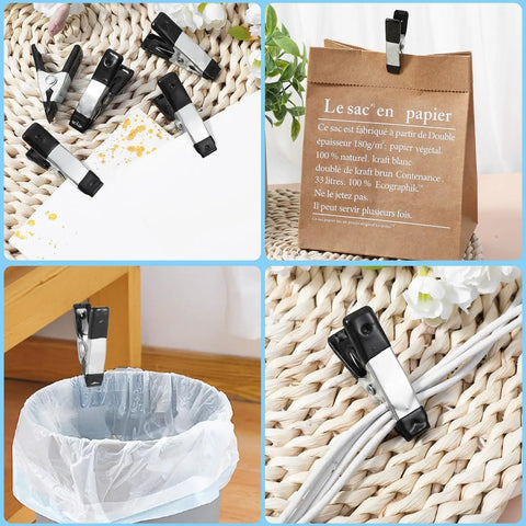20 Pack Small Clamps For Garden And Crafts, Mini Heavy Duty Spring Clamps holding items like paper and cables.