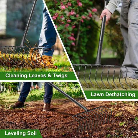 Heavy Duty Garden Rake For Leaves And Debris With 60 Inch Adjustable Handle, Wide Bow Head For Big Yard Cleanup, Metal Tines